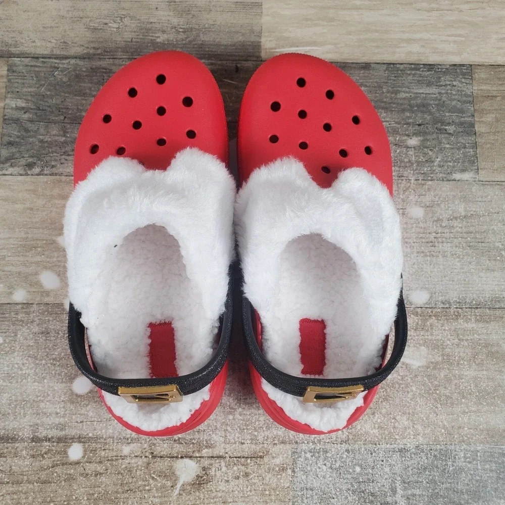 Crocs Classic Lined Santa Kids Clog Sz 2 J2 Red Rubber Slip-On Slingback Shoes